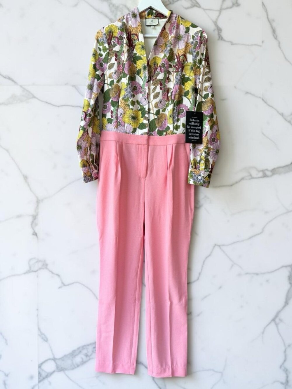 Tuckernuck Floral Jumpsuit Women Size 10 Pink Wide Leg Long Sleeve NWT - Picture 4 of 12